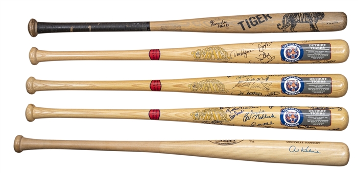 Lot of (5) Detroit Tigers Single/Multi-Signed Bats including Kaline, Kell, & (3) Cooperstown Multi-Signed (Beckett PreCert)
